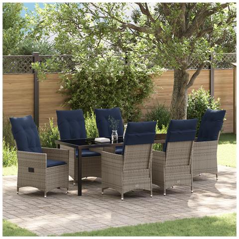 Set da pranzo da giardino 7 pezzi con cuscini in rattan grigio, Tavolo giardino nero 200x80x73 cm in vetro temperato - Foto 2