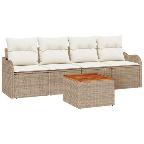 Set Divani Giardino 5 Pezzi con Cuscini Beige in Polyrattan Acacia, Divano Giardino 2 Posti con Cuscini Beige in Polyrattan - Foto 1