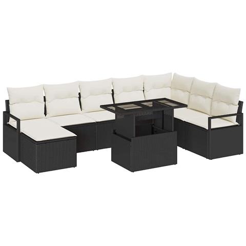 Set Divano Giardino 9 Pezzi con Cuscini Nero Polyrattan, Divano Giardino 2 Posti con Cuscini Nero Polyrattan - Foto 1