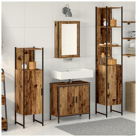 Set di mobili da bagno 4 Pezzi Legno Antico Legno Ingegnerizzato - Foto 2