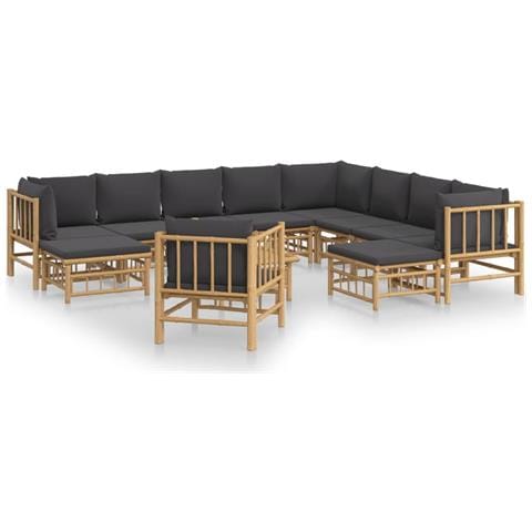 Set Salotto da Giardino 12pz con Cuscini Grigio Scuro Bambù - Foto 1