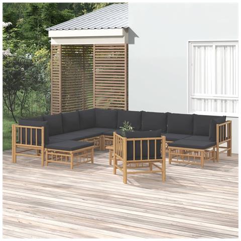 Set Salotto da Giardino 12pz con Cuscini Grigio Scuro Bambù - Foto 2