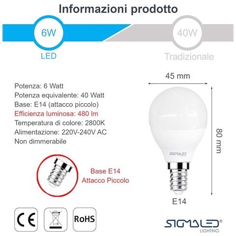 Pack 6 Pezzi Lampadina Led E14 6w (equivalente 40w) - Luce Bianca Calda 2800k - 480 Lumen - Classe Energetica A+ - Attacco Piccolo E14 - Mini Globo P45 - Foto 5