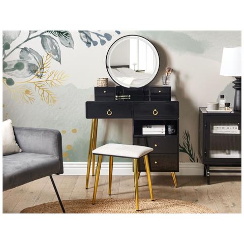 Tavolino Da Toeletta 6 Cassetti Con Specchio Led E Sgabello Nero E Oro Yves - Foto 1