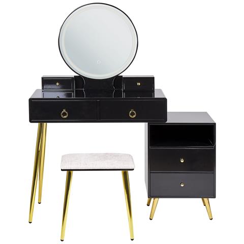 Tavolino Da Toeletta 6 Cassetti Con Specchio Led E Sgabello Nero E Oro Yves - Foto 6
