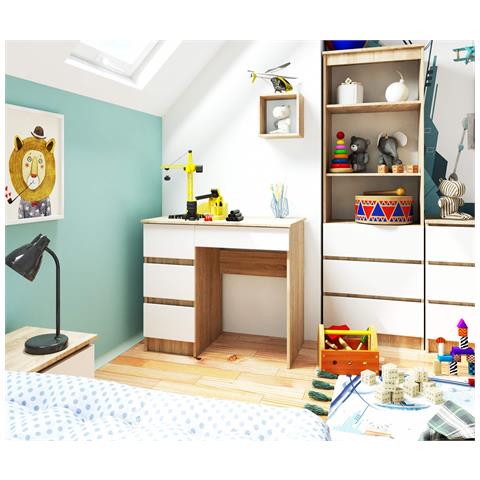 Scrivania per computer A7 sinistro, 4 cassetti, 90x50x77 cm, Colore Sonoma Quercia e Bianco - Foto 6