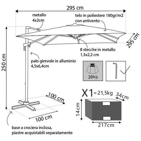Ombrellone Da Giardino 3x3 Mt Con Telo In Poliestere E Palo Laterale In Alluminio Ercules - Foto 7