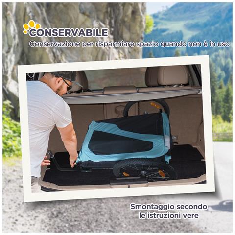 Rimorchio Bici Per Cani 30kg Max Con 2 Ingressi E Tasche Portaoggetti, In Acciaio E Tessuto Oxford, Blu - Foto 6