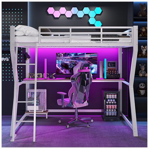 Letto A Soppalco 90x200cm , Luce Ambiente, Mensola Per Console Computer, Scrivania, Presa + Usb, Ringhiera, Scale, Senza Materasso, Bianco - Foto 1