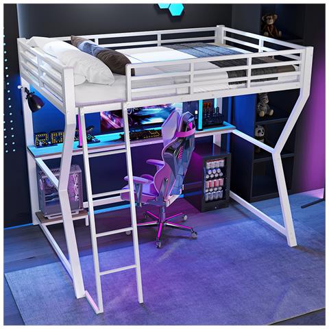 Letto A Soppalco 90x200cm , Luce Ambiente, Mensola Per Console Computer, Scrivania, Presa + Usb, Ringhiera, Scale, Senza Materasso, Bianco - Foto 2