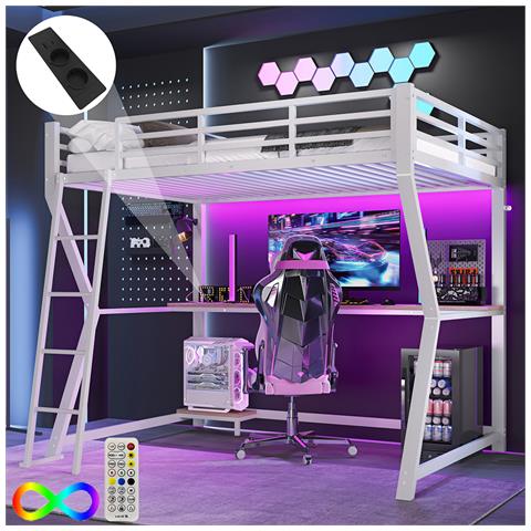 Letto A Soppalco 90x200cm , Luce Ambiente, Mensola Per Console Computer, Scrivania, Presa + Usb, Ringhiera, Scale, Senza Materasso, Bianco - Foto 4