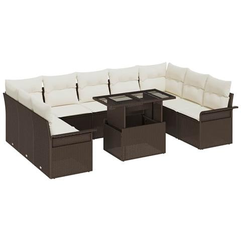 Set di 10 pezzi divano da giardino con cuscini marrone in poli rattan, Divano da giardino a 2 posti con stoccaggio e cuscini marrone in poli rattan - Foto 1