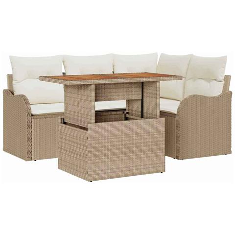 Set divani giardino 5 pezzi con cuscini beige in rattan sintetico e acacia, Divano giardino 2 posti con cuscini beige in rattan sintetico - Foto 1