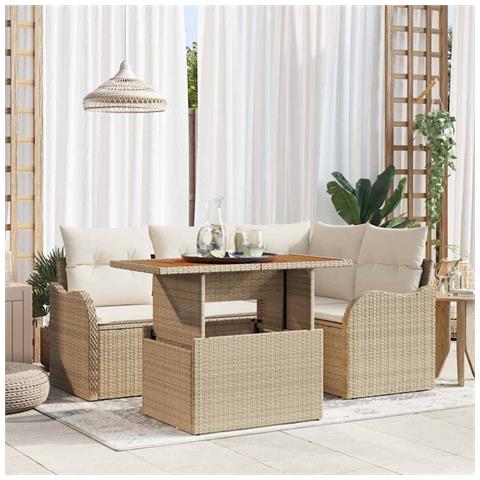 Set divani giardino 5 pezzi con cuscini beige in rattan sintetico e acacia, Divano giardino 2 posti con cuscini beige in rattan sintetico - Foto 2