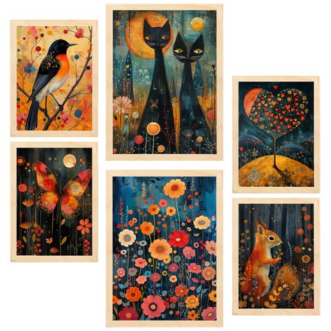 Set Di 6 Stampe Dipinto Decorativo Animali E Natura Ispirato A Rosina Wachtmeister Incorniciato Con Illustrazioni A3 & A4 Telaio In Legno Chiaro - Foto 1