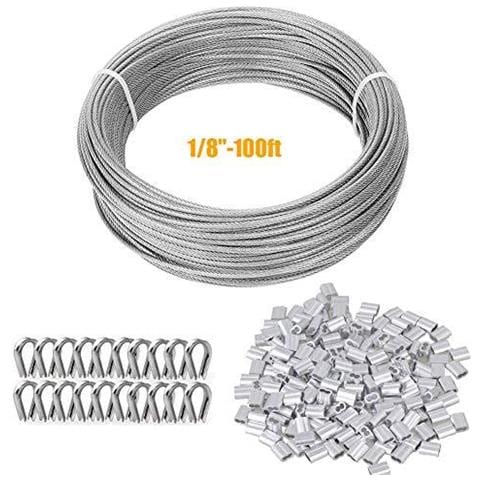 Giardino Fili Cavi Ringhiera Kit Includono 100ft Acciaio Inossidabile Fune Metallica Del Cavo 50 Pc Alluminio Crimpatura E 20 Pezzi In Acciaio Inox Thimble Per Luci Esterne Hanging Decking Globo Di Luce - Foto 1