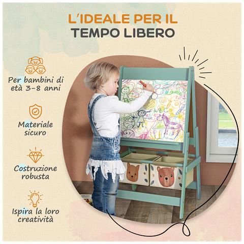 Lavagna Per Bambini Con Cavalletto 3 In 1 E 2 Contenitori, Età 3-8 Anni, 54x46.5x93cm, Verde - Foto 6
