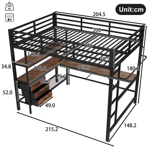 Letto A Soppalco 140x200cm, Con Luce Ambientale, Scrivania, Presa Di Corrente + Usb, 3 Cassetti, Ripiani, Ringhiere, Scale, Senza Materasso, Nero - Foto 2