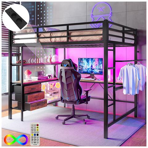 Letto A Soppalco 140x200cm, Con Luce Ambientale, Scrivania, Presa Di Corrente + Usb, 3 Cassetti, Ripiani, Ringhiere, Scale, Senza Materasso, Nero - Foto 1