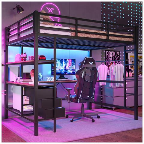 Letto A Soppalco 140x200cm, Con Luce Ambientale, Scrivania, Presa Di Corrente + Usb, 3 Cassetti, Ripiani, Ringhiere, Scale, Senza Materasso, Nero - Foto 4