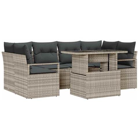 Set Divano da Giardino da 7 Pezzi con Cuscini Grigio Chiaro Polyrattan,  Divano da Giardino per 2 Persone con Cuscini Grigio Polyrattan - Foto 1