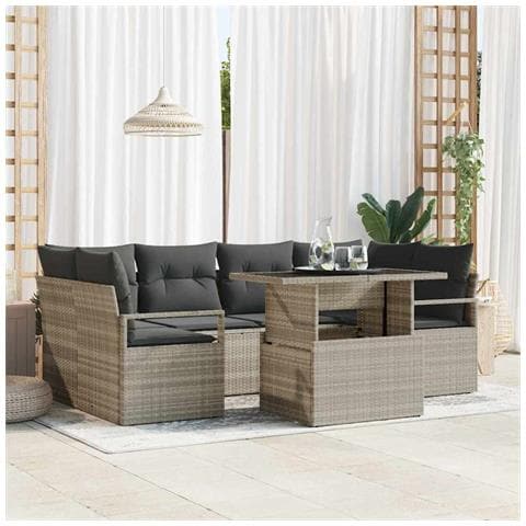 Set Divano da Giardino da 7 Pezzi con Cuscini Grigio Chiaro Polyrattan,  Divano da Giardino per 2 Persone con Cuscini Grigio Polyrattan - Foto 2