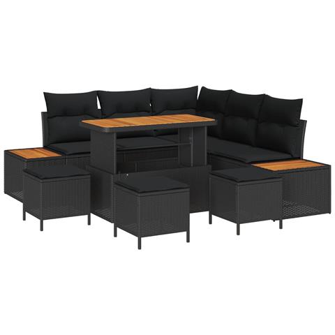 Set Divano Giardino 9 Pezzi con Cuscini Nero Rattan Poliacacia, Set da Pranzo Giardino 4 Pezzi con Cuscini Nero Rattan Poliacacia - Foto 1