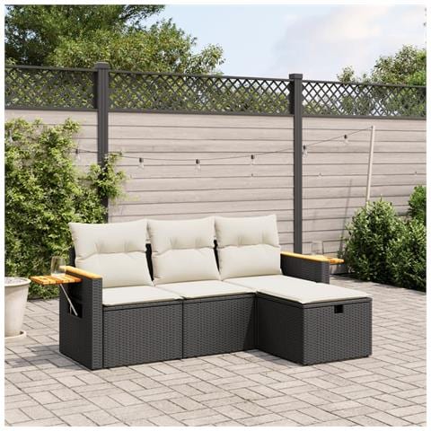 Set Divani da Giardino 4 pz con Cuscini Nero in Polyrattan - Foto 2