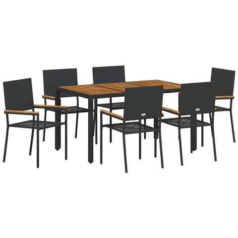 Set da Pranzo per Giardino 7 pcs Nero e Legno 150 x 90 x 75 cm - Foto 1