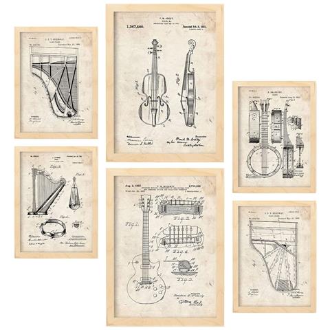 Set Di 6 Stampe Con Brevetti Di Strumenti A Corda Poster Con Immagini Di Brevetti Retrò Design D'interni In Stile Vintage A3 & A4 Telaio In Legno Chiaro - Foto 1