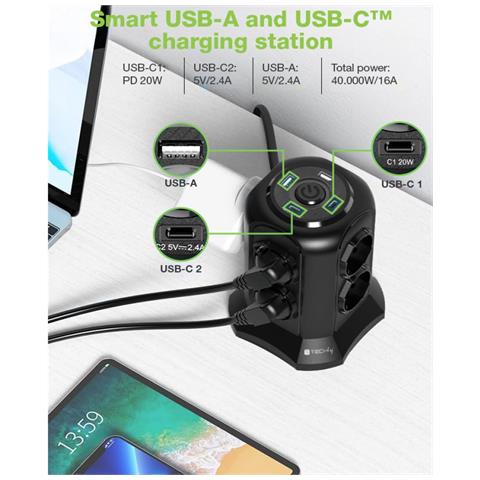 Multipresa da Tavolo a Torretta Salvaspazio 8 Posti Italiana Bipasso / Schuko 2 USB-A e 2 USB-C - Foto 2