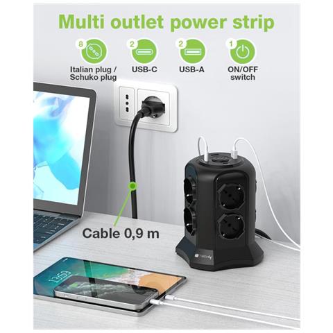 Multipresa da Tavolo a Torretta Salvaspazio 8 Posti Italiana Bipasso / Schuko 2 USB-A e 2 USB-C - Foto 10
