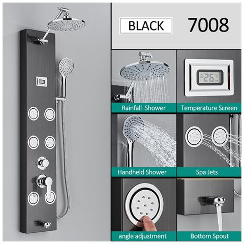 Pannello doccia, Blackswan, modello M7008 nero con soffione, display digitale, bocca di erogazione e funzioni SPA, dimensioni 111 cm - Foto 2