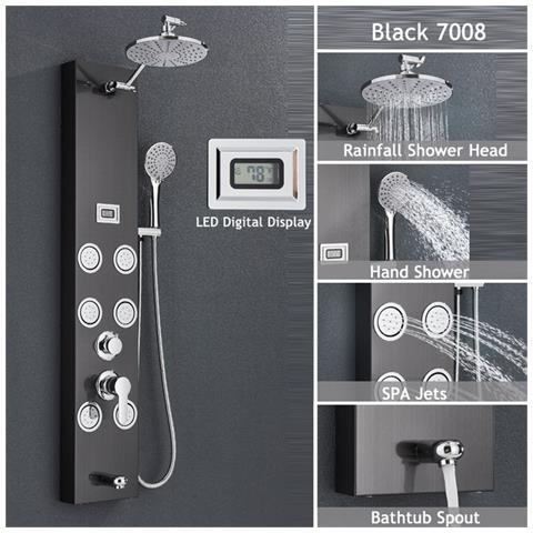 Pannello doccia, Blackswan, modello M7008 nero con soffione, display digitale, bocca di erogazione e funzioni SPA, dimensioni 111 cm - Foto 4