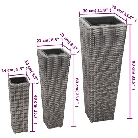 Set Fioriere Da Giardino 3 Pz Polyrattan Grigio - Foto 2