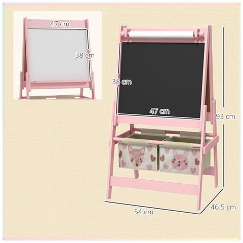 Lavagna Per Bambini Con Cavalletto 3 In 1 E 2 Contenitori, Età 3-8 Anni, 54x46.5x93cm, Rosa - Foto 2