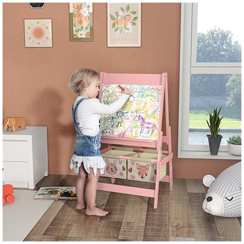 Lavagna Per Bambini Con Cavalletto 3 In 1 E 2 Contenitori, Età 3-8 Anni, 54x46.5x93cm, Rosa - Foto 6