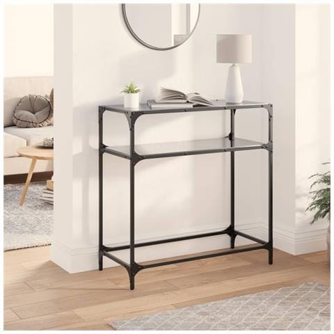 Tavolino Consolle Con Piano In Vetro Nero 80x35x81cm In Acciaio - Foto 1