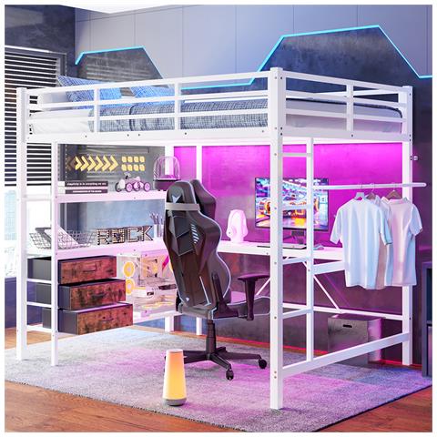 Letto A Soppalco 140x200cm, Con Luce D'ambiente, Scrivania, Presa Di Corrente + Usb, 3 Cassetti, Ripiani, Ringhiere, Scale, Senza Materasso, Bianco - Foto 2