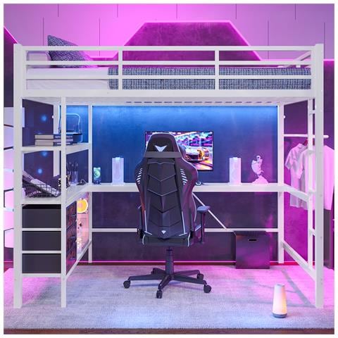 Letto A Soppalco 140x200cm, Con Luce D'ambiente, Scrivania, Presa Di Corrente + Usb, 3 Cassetti, Ripiani, Ringhiere, Scale, Senza Materasso, Bianco - Foto 1