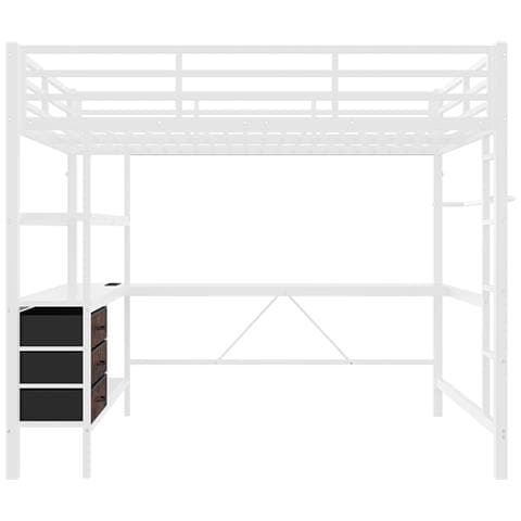 Letto A Soppalco 140x200cm, Con Luce D'ambiente, Scrivania, Presa Di Corrente + Usb, 3 Cassetti, Ripiani, Ringhiere, Scale, Senza Materasso, Bianco - Foto 4