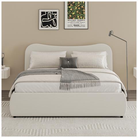 Plano Letto A Cassettiera 140x190cm Design Arrotondato Velluto A Coste Beige - Foto 1