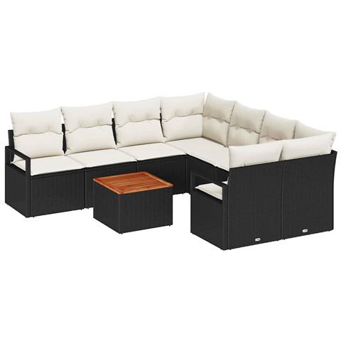 Set di Divani da Giardino a 9 Pezzi con Cuscini Neri in Rattan Sintetico Acacia, Divano da Giardino a 2 Posti con Cuscini Neri in Rattan Sintetico - Foto 1