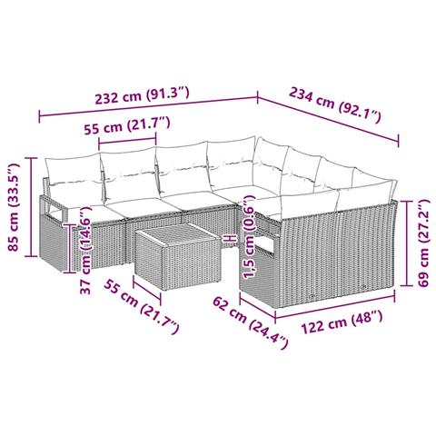 Set di Divani da Giardino a 9 Pezzi con Cuscini Neri in Rattan Sintetico Acacia, Divano da Giardino a 2 Posti con Cuscini Neri in Rattan Sintetico - Foto 9