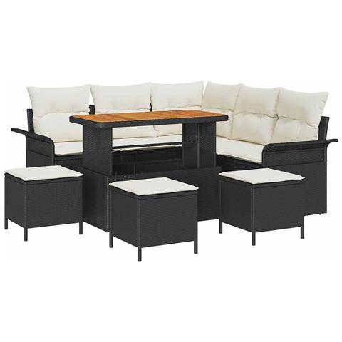 Set divano giardino 9 pezzi con cuscini Nero Rattan Polimerico Acacia, Divano giardino 2 posti con storage e cuscini Nero Rattan Polimerico, Set pranzo giardino 4 pezzi con cuscini Nero Rattan Polimerico Acacia - Foto 1