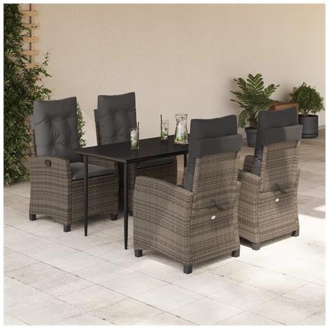 Set da Pranzo da Giardino 5 pz con Cuscini in Polyrattan Grigio - Foto 2