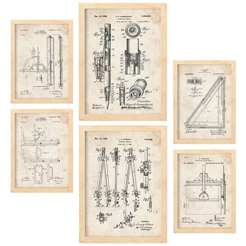 Set Di 6 Stampe Con Poster Di Brevetti Di Strumenti Di Misura Con Immagini Di Brevetti Retrò Design Di Interni In Stile Vintage A3 & A4 Telaio In Legno Chiaro - Foto 1
