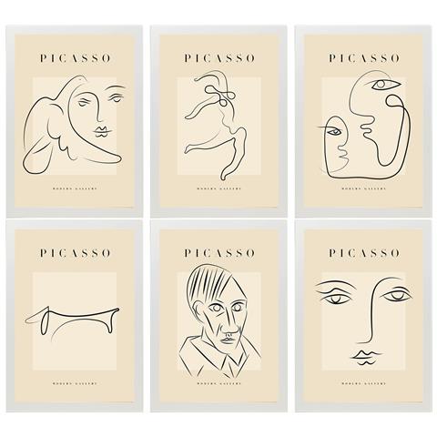 Set Di 6 Stampe Künstlerischen Illustrationen Von Pablo Picasso Starren Sammlung Von Dekorationsgemälden Im Kunstgalerie Stil Weißer Rahmen A3 Cornice Bianca - Foto 1