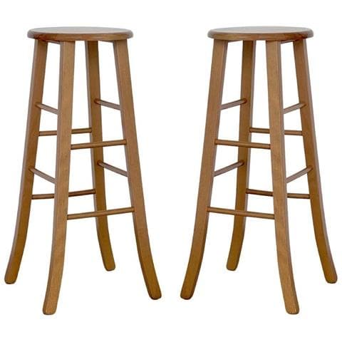 Set 2 Sgabelli Alti In Legno Noce Chiaro Con Sedute Rotonde E Gambe A Sciabola - Foto 1