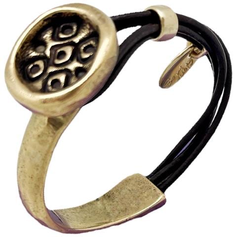 Bracciale Rigido Medio Con Bottone Inciso E Pelle Marrone Con Metallo Dorato - Foto 1